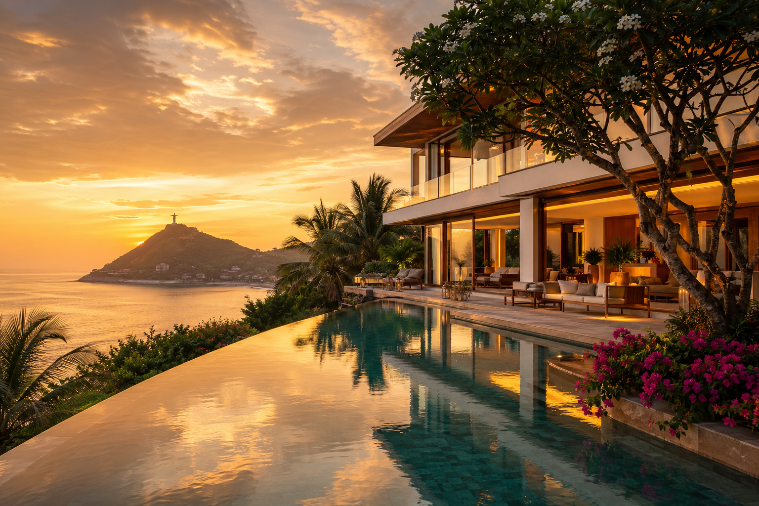 A private villa with infinity pool at golden hour above the bay of Vũng Tàu, with the silhouette of the Christ the King statue visible on the distant headland