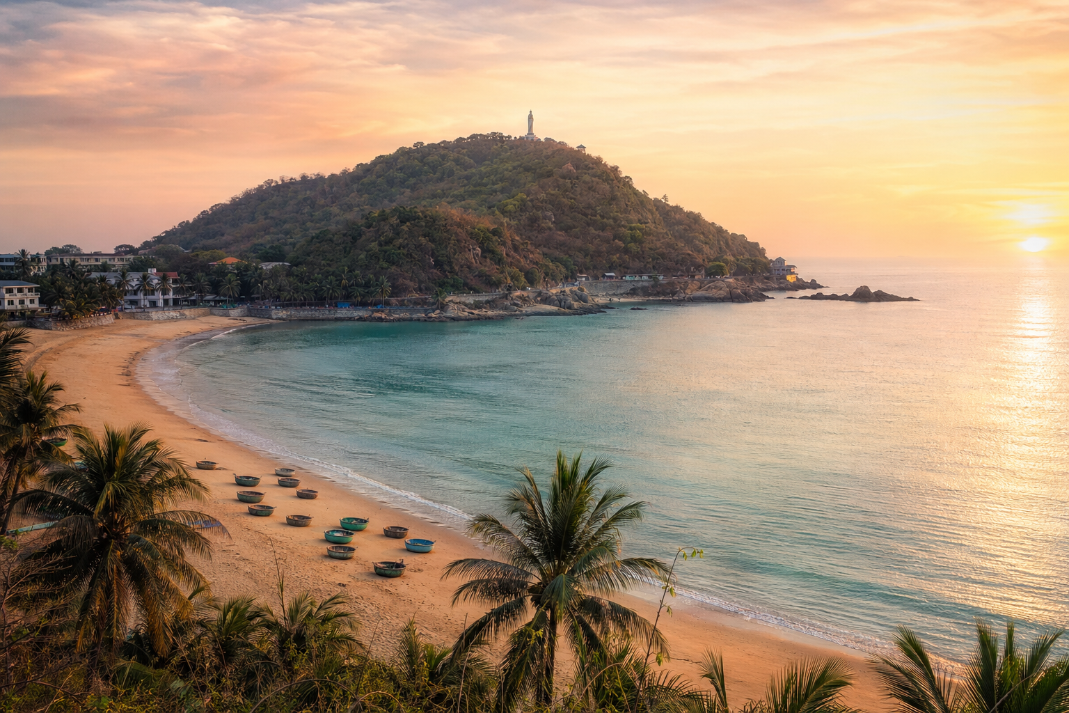 Front Beach Vũng Tàu at dawn with the lighthouse on Núi Nhỏ